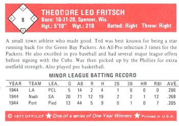 1977 Fritsch One Year Winners #8 Ted Fritsch Back
