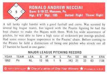 1977 Fritsch One Year Winners #9 Ron Necciai Back