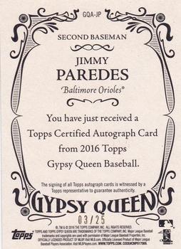 2016 Topps Gypsy Queen - Autographs Orange #GQA-JP Jimmy Paredes Back