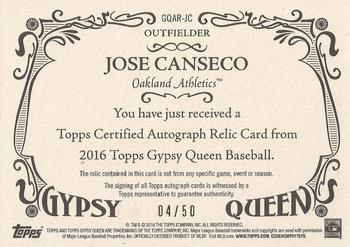 2016 Topps Gypsy Queen - Autographed Relic #GQAR-JC Jose Canseco Back