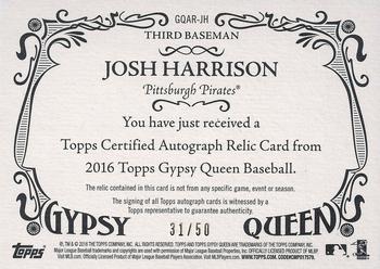 2016 Topps Gypsy Queen - Autographed Relic #GQAR-JH Josh Harrison Back