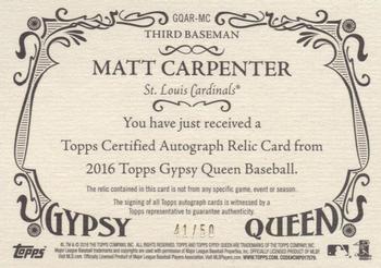 2016 Topps Gypsy Queen - Autographed Relic #GQAR-MC Matt Carpenter Back
