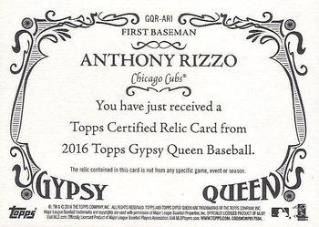 2016 Topps Gypsy Queen - Relic #GQR-ARI Anthony Rizzo Back