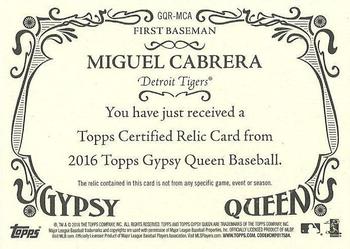 2016 Topps Gypsy Queen - Relic #GQR-MCA Miguel Cabrera Back