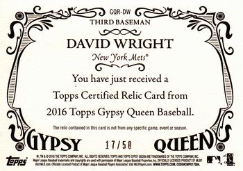 2016 Topps Gypsy Queen - Relic Gold #GQR-DW David Wright Back