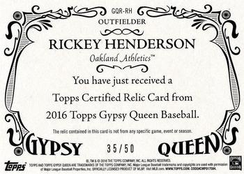 2016 Topps Gypsy Queen - Relic Gold #GQR-RH Rickey Henderson Back