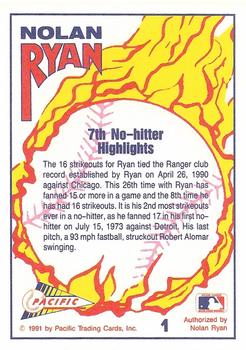 1991 Pacific Nolan Ryan Texas Express I - 7th No Hitter Silver #1 Nolan Ryan Back