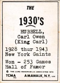 1972 TCMA The 1930's #NNO Carl Hubbell Back