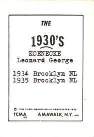 1972 TCMA The 1930's #NNO Leonard Koenecke Back