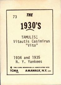 1972 TCMA The 1930's #73 Vic Tamulis Back