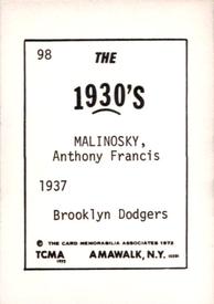 1972 TCMA The 1930's #98 Anthony Malinosky Back