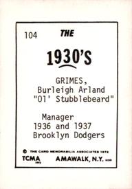 1972 TCMA The 1930's #104 Burleigh Grimes Back