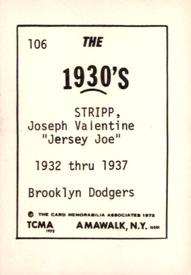 1972 TCMA The 1930's #106 Joseph Stripp Back