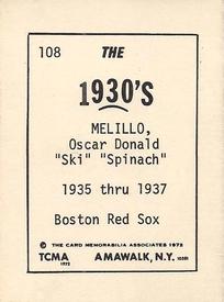 1972 TCMA The 1930's #108 Oscar Melillo Back