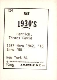 1972 TCMA The 1930's #124 Tommy Henrich Back