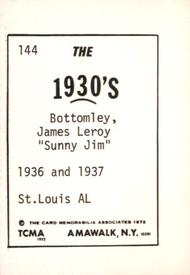 1972 TCMA The 1930's #144 Jim Bottomley Back