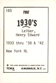 1972 TCMA The 1930's #160 Hank Leiber Back