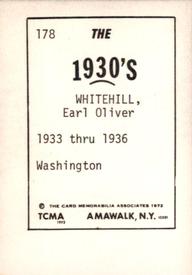 1972 TCMA The 1930's #178 Earl Whitehill Back
