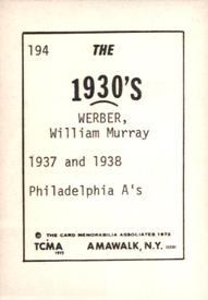 1972 TCMA The 1930's #194 Bill Werber Back