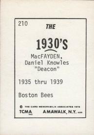 1972 TCMA The 1930's #210 Danny MacFayden Back