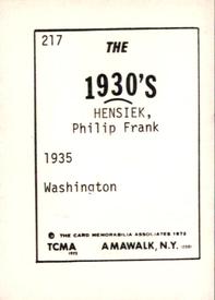 1972 TCMA The 1930's #217 Phil Hensiek Back
