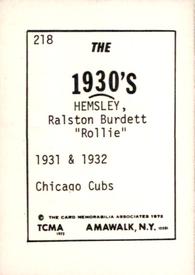 1972 TCMA The 1930's #218 Rollie Hemsley Back