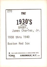 1972 TCMA The 1930's #270 Jim Bagby Back