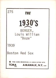 1972 TCMA The 1930's #275 Boze Berger Back