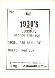 1972 TCMA The 1930's #292 George Dickman Back
