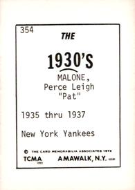 1972 TCMA The 1930's #354 Pat Malone Back