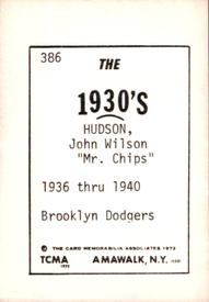 1972 TCMA The 1930's #386 John Hudson Back