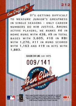 2001 Donruss - Stat Line Season #212 Ken Griffey Jr. Back