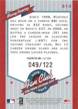 2001 Donruss - Stat Line Season #213 Manny Ramirez Back
