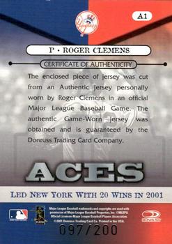 2001 Donruss Class of 2001 - Diamond Aces #A1 Roger Clemens Back