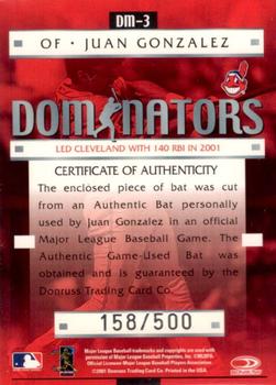 2001 Donruss Class of 2001 - Diamond Dominators #DM-3 Juan Gonzalez Back