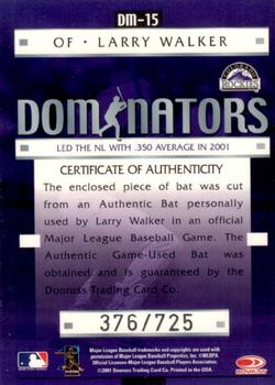 2001 Donruss Class of 2001 - Diamond Dominators #DM-15 Larry Walker Back