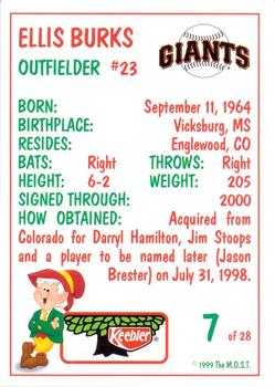 1999 Keebler San Francisco Giants #7 Ellis Burks Back