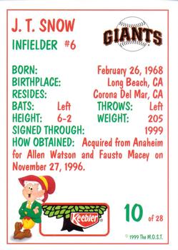 1999 Keebler San Francisco Giants #10 J.T. Snow Back