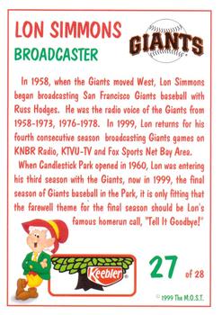 1999 Keebler San Francisco Giants #27 Lon Simmons Back