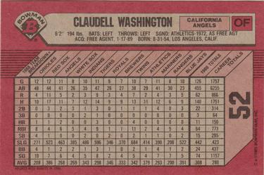 1989 Bowman #52 Claudell Washington Back
