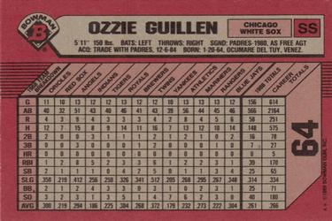 1989 Bowman #64 Ozzie Guillen Back