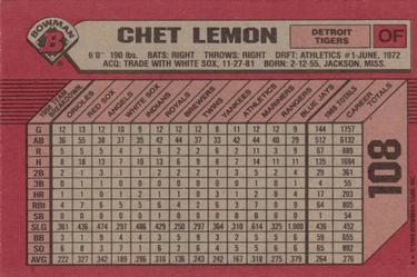 1989 Bowman #108 Chet Lemon Back