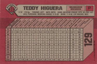 1989 Bowman #129 Teddy Higuera Back