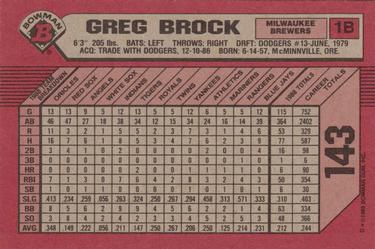 1989 Bowman #143 Greg Brock Back