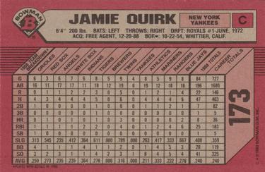1989 Bowman #173 Jamie Quirk Back