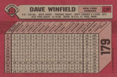 1989 Bowman #179 Dave Winfield Back