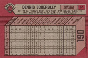 1989 Bowman #190 Dennis Eckersley Back