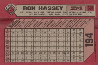 1989 Bowman #194 Ron Hassey Back