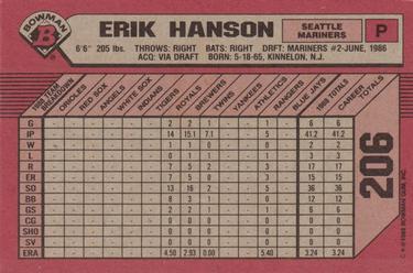 1989 Bowman #206 Erik Hanson Back