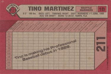 1989 Bowman #211 Tino Martinez Back